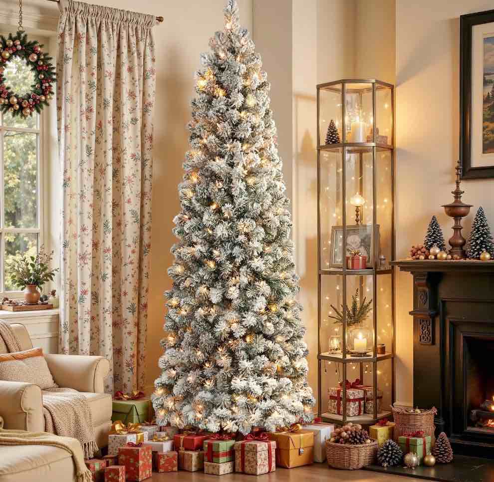 Alupssuc 5.5ft Prelit Snow Flocked Artificial Pencil Christmas Tree with Warm White Lights, Full Branch Tips, Perfect Choice Decoration for Xmas Holiday