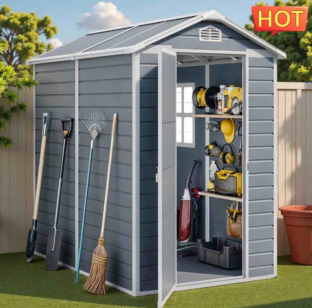 Resin Storage Shed to Store Patio Furniture,4x6FT Small Outdoor Sheds with Floor for Backyard, Lawn, Patio, Grey (( Box 2 of 2 ))