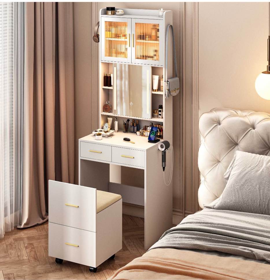 Ktaxon Makeup Vanity Table for Small Spaces, Vanity Table Set with Charging Station and Sliding Mirror, Bedroom Makeup Table, White