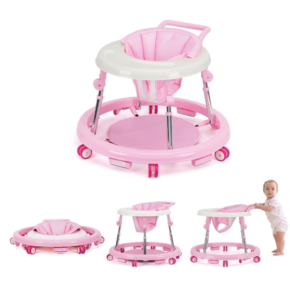HKAI Baby Walker for Infants 6-18 Months, One-Touch Fold with 9 Height Adjustments, Non-Slip Wheels & Safety Features, Pink