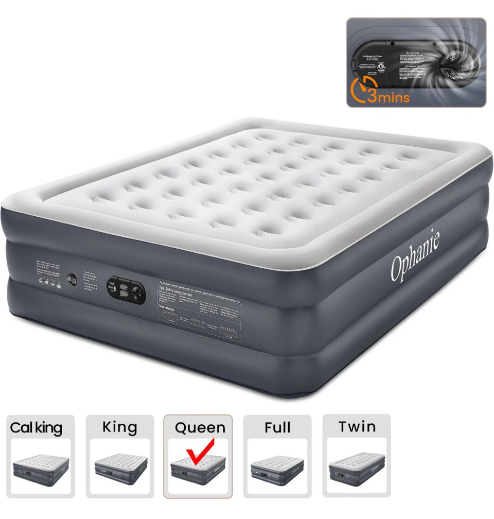Ophanie Queen Air Mattress, 18-Inch Elevated Inflatable Bed with Built-in Pump, Puncture-Resistant, Quick Inflation/Deflation, Portable for camping & Guests, Dark Gray