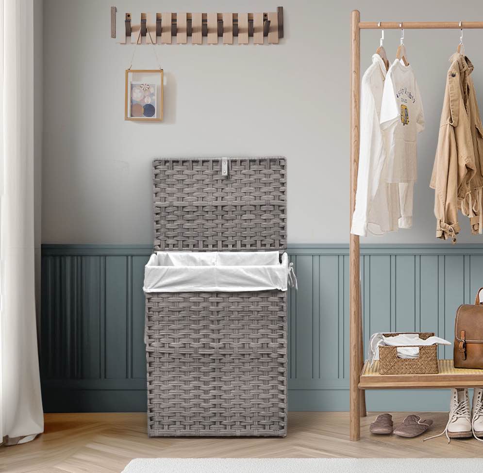 edx Laundry Basket with Lid  90 L Hand-Woven PP Rattan Laundry Basket with Handle  Foldable  Removable Liner  Gray
