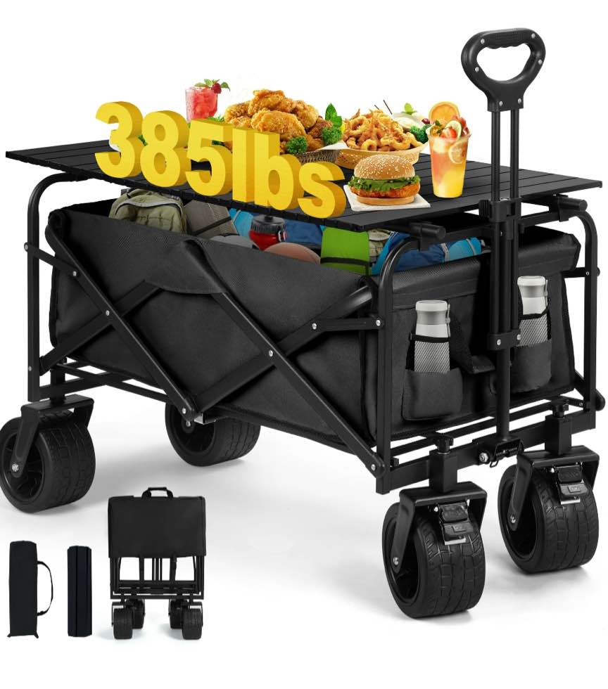 Firstness Collapsible Wagon Cart with Tabletop, 385 lbs Heavy Duty Utility Garden Wagon for Camping, Beach, Picnic, Sports, Shopping & Grocery, Black