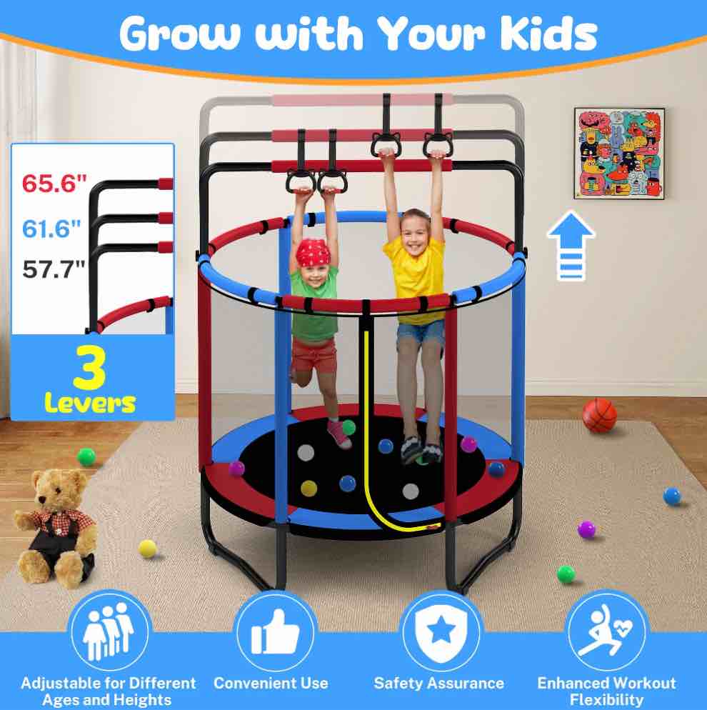 Mini Round Trampoline for Kids with Basketball Hoop  SEGMART 55   Indoor Outdoor Toddler Trampoline with Enclosure Net  Swing  Sandbag  Ring  Ocean Balls  Small Trampoline Gift for Boys Girls  Blue