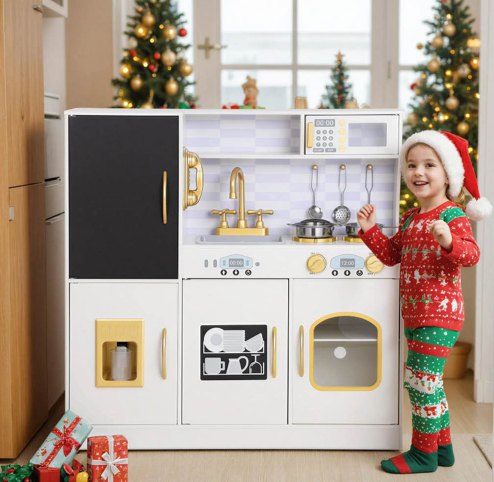 COCLUB Play Kitchen, Wooden Kids Kitchen Playset with Chalkboard, Ice Maker, Play Phone, Cookware Accessories, Microwave Toy Kitchen Gift for Boys Girls Age 3-8 White