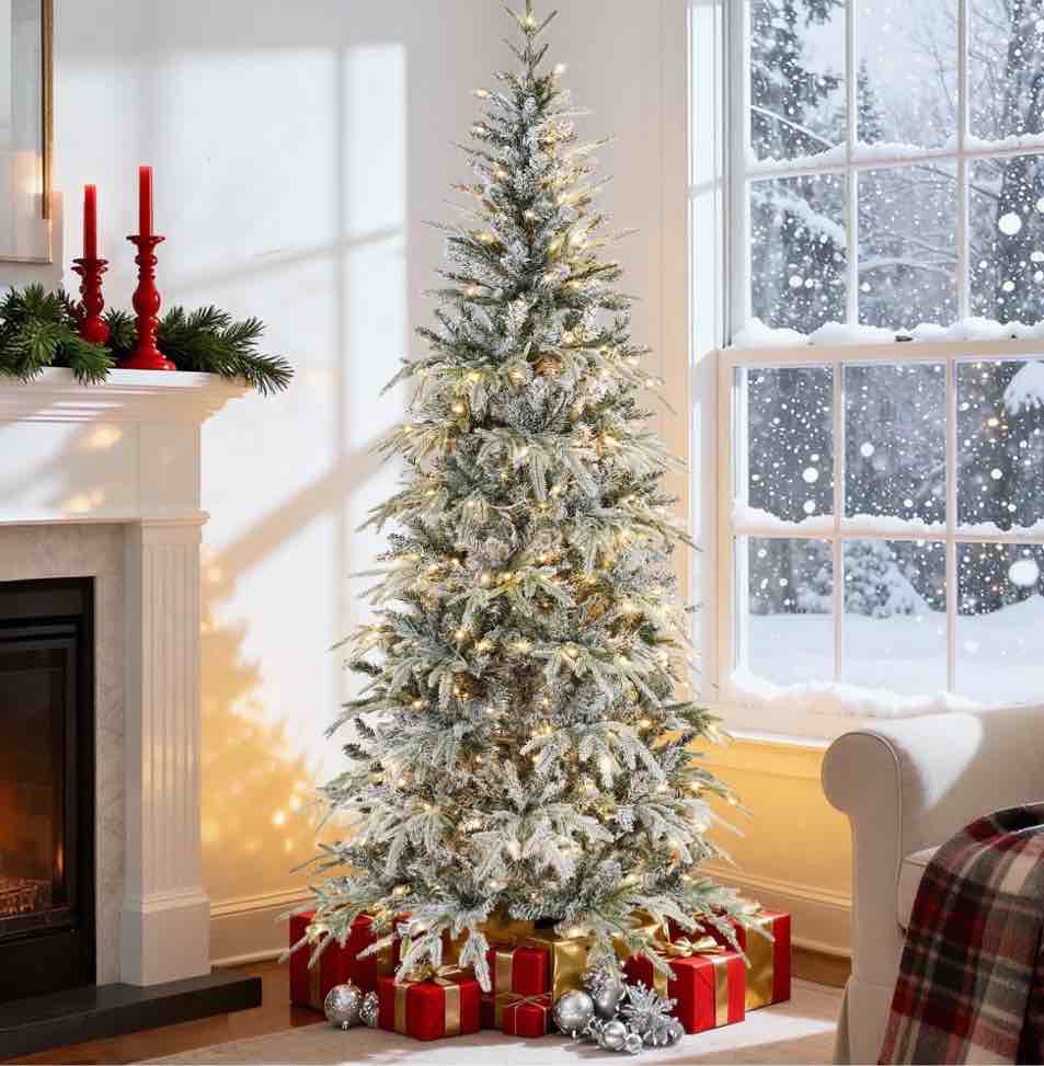 Goosiay 6ft Pre-lit Snow Flocked Christmas Tree with 420 Snow Flocked PE+PVC Branches, 250 LED Lights 8 Lighting Modes, Green