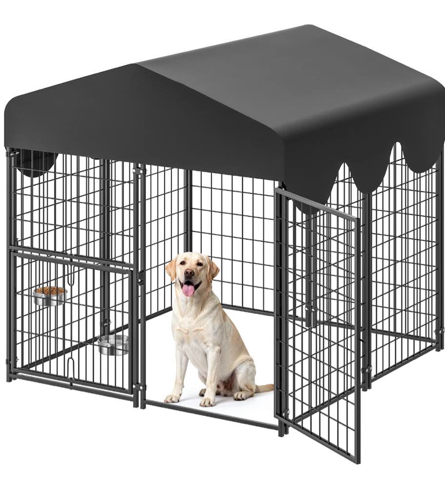 Suchown Dog Kennel Outdoor with Roof – Heavy Duty Dog Run, Large Dog Crate with Waterproof Cover, Rotating Feeder & Secure Lock, Expandable Dog Fence for Small to Large Dogs, 4' x 4.25' x 4.5'