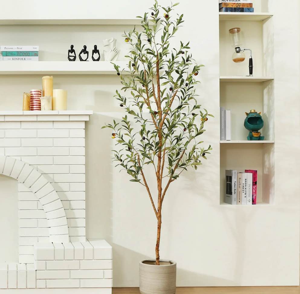 6 ft Artificial Olive Plants with Realistic Leaves and Natural Trunk, Silk Fake Olive Tree in Black Plastic Pot, Faux Olive Tree for Office Home
