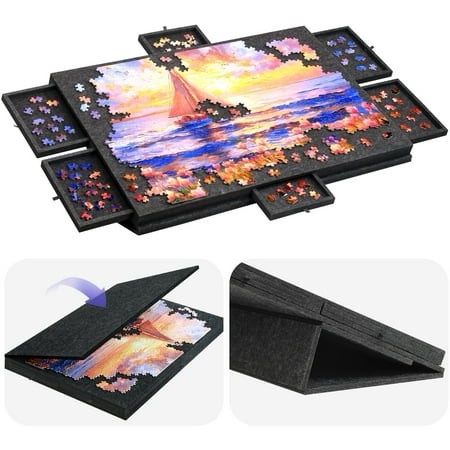 Ayieyill 1500 Piece Rotating Puzzle Board with Drawers and Cover 26 X36 Portable Felt Jigsaw Puzzle Table for Adults Portable Lazy Susan Spinning Puzz