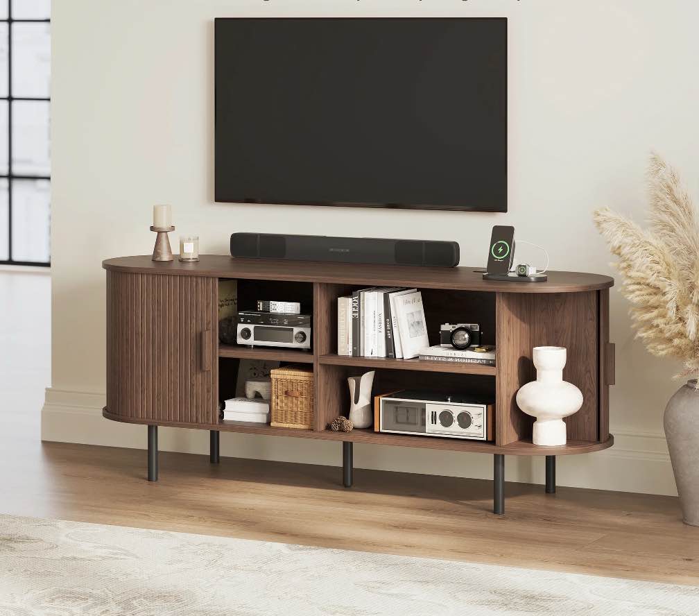MARNUR 55" TV Stand for 60" TV, Wood Entertainment Center with Storage and Shelves, 2 Sliding Tambour Doors, Mid-Century Modern