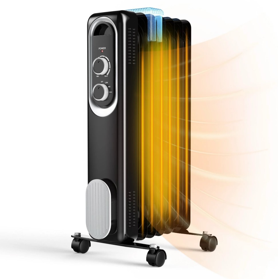 edx Basic Electric Oil Filled Radiator, 1500W Space Heater with Adjustable Thermostat, Black, 22.83 x 11.81 x 4.92 in