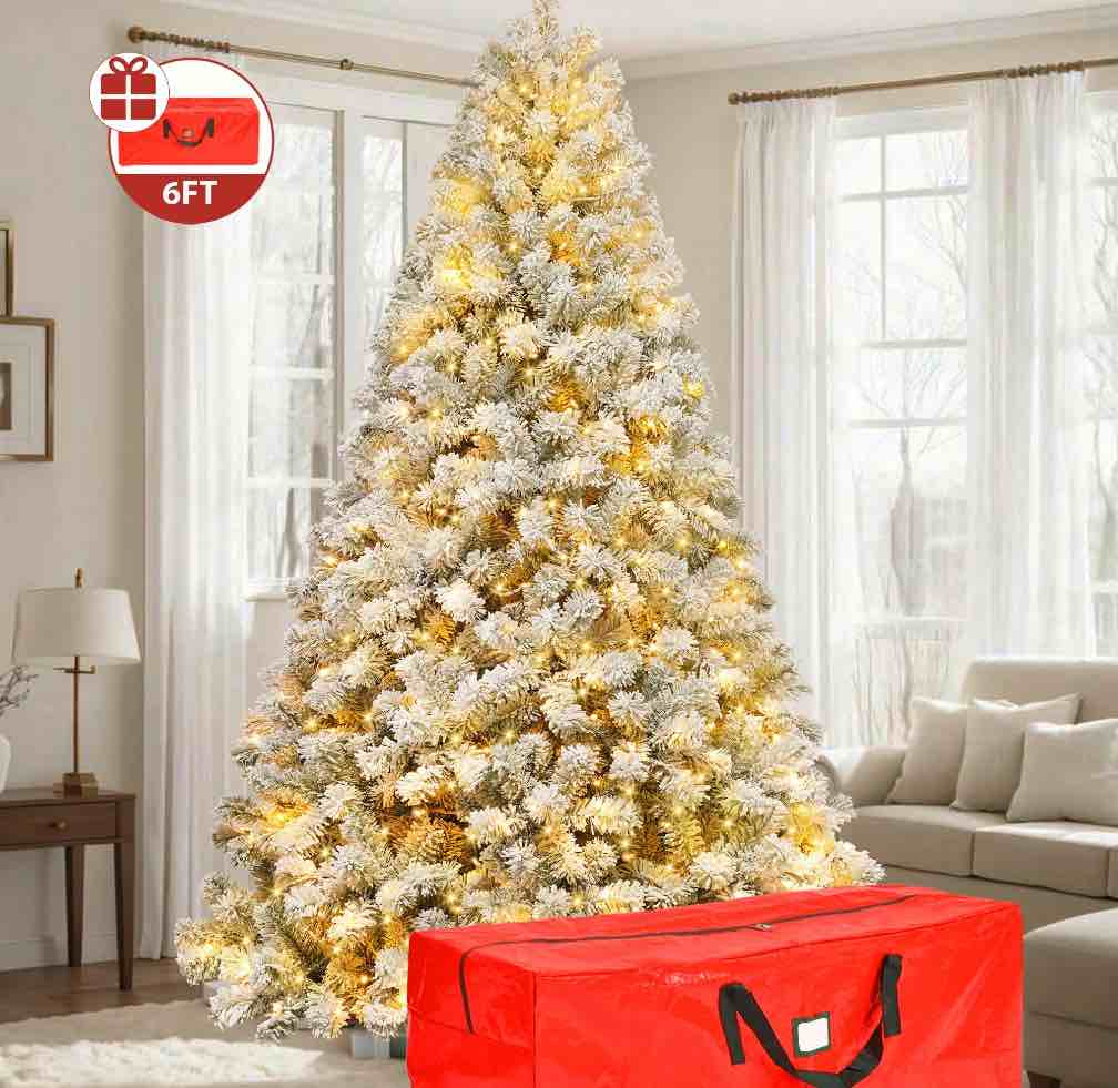 IZNEN 6ft Pre-Lit Snowflake Flocked Christmas Tree,8 Modes LED Lights,Artificial Xmas Tree with Storage Bag
