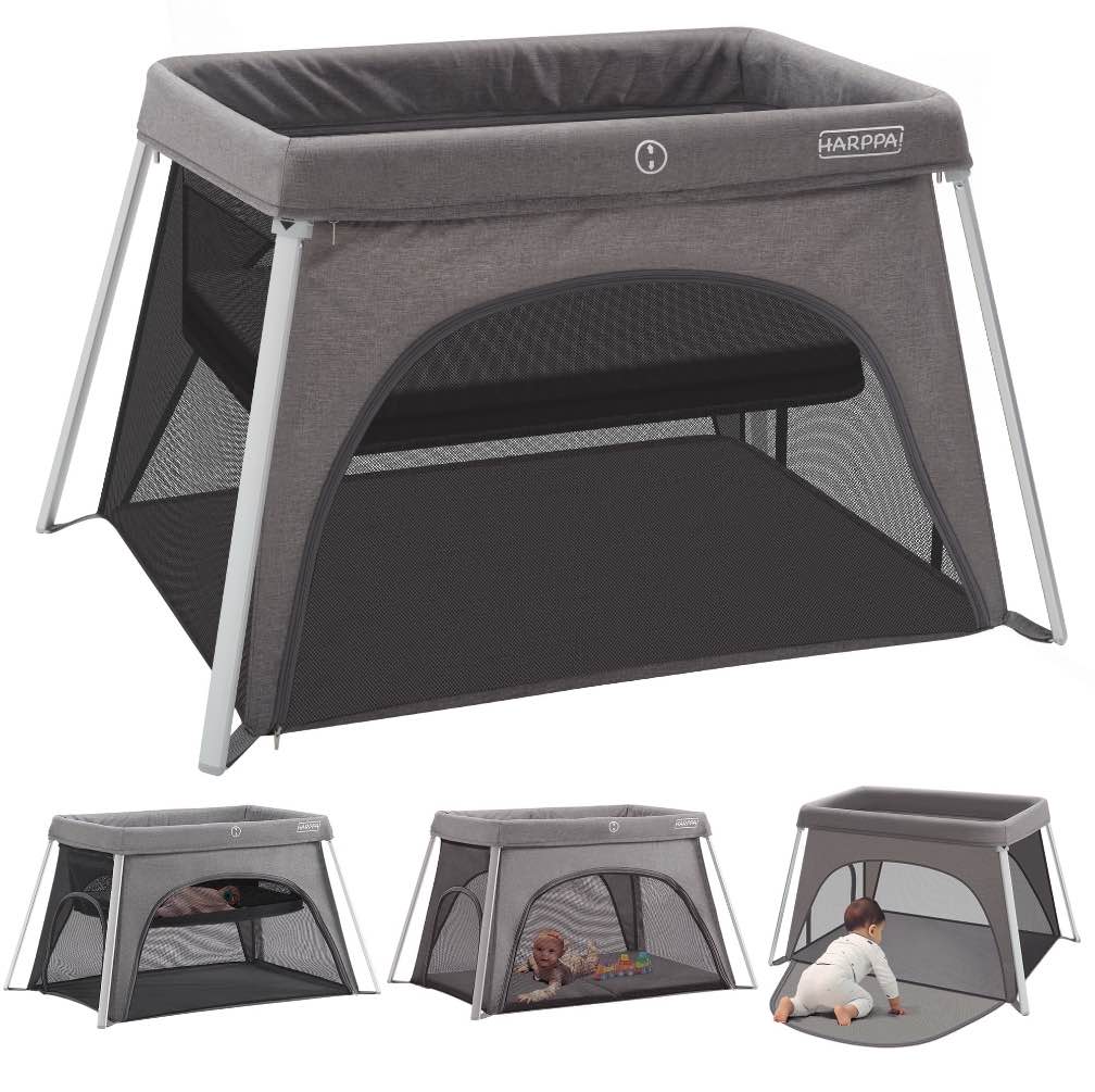 HARPPA Portable Travel Crib with Mattress, Foldable Playard for Baby and Toddler, 11lbs, Gray