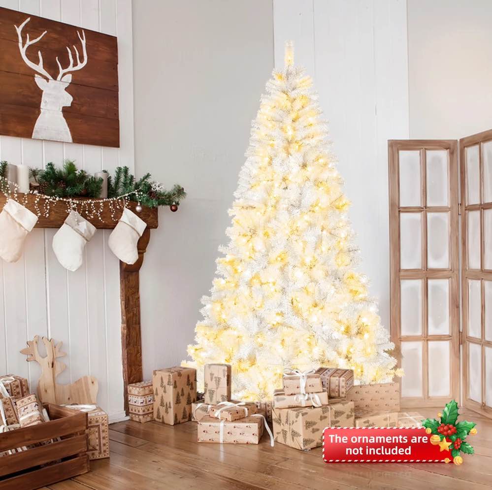 Ktaxon 8ft Pre-Lit White Christmas Tree with Remote Control, Full Prelighted Xmas Tree with 670 LED Lights, 2008 Branch Tips& Auto Open White