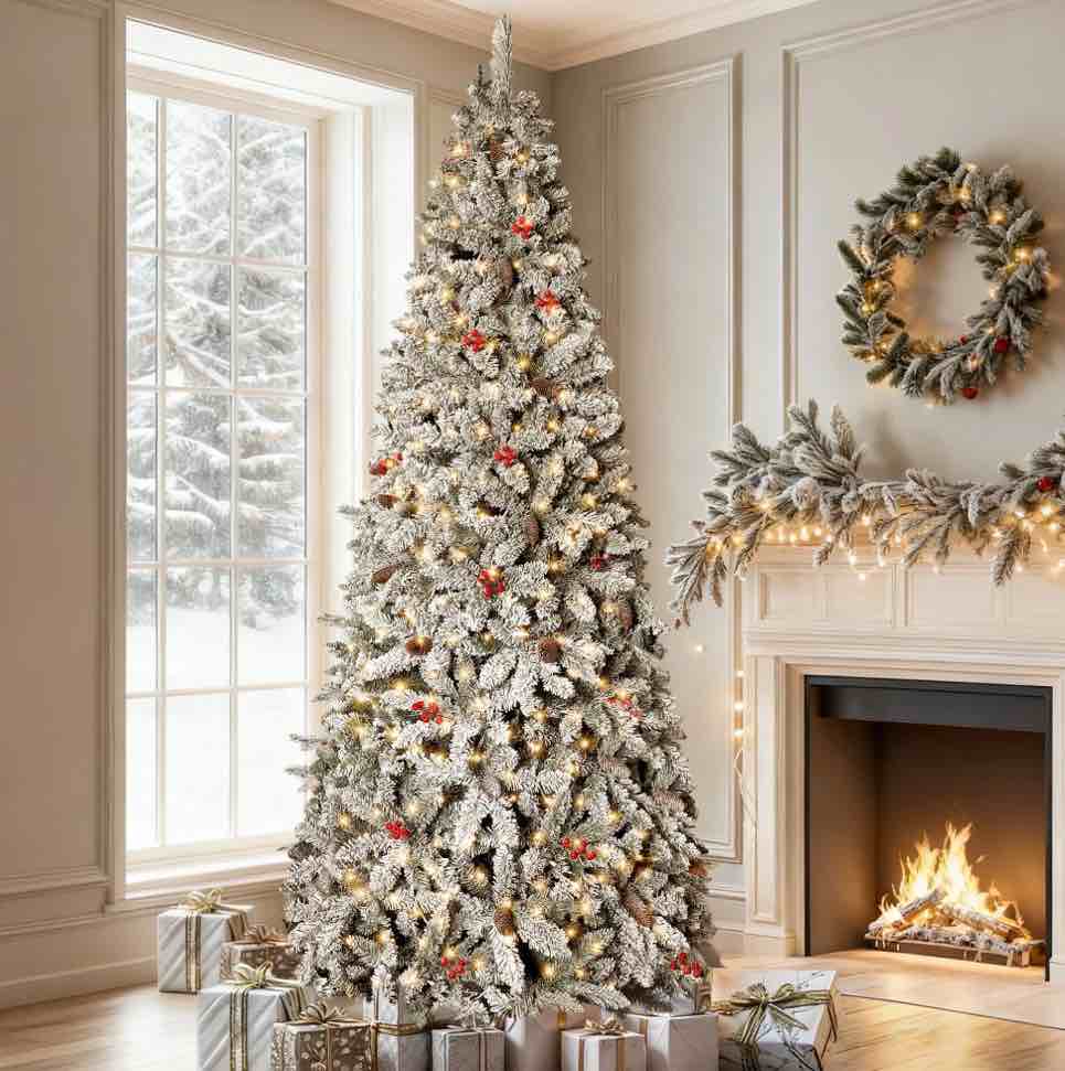 GVDV Christmas Tree 7.5ft Pre-Lit Snow Flocked Artificial Christmas Tree with Pinecones & Berries, for Home, Office and Party Decor, Metal Hinges Easy Assembly