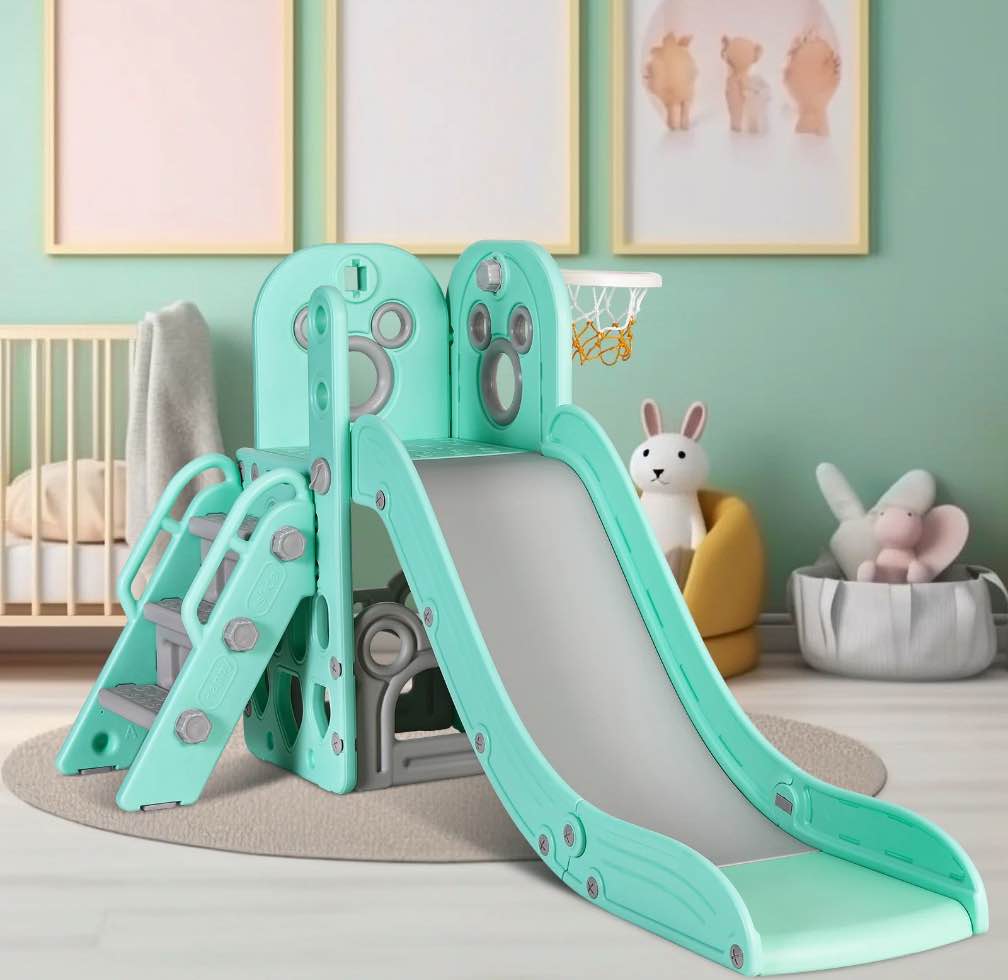 Arlopu Kids Slide PlaySet w/ Basketball Hoop & Ball, Storage Space, Non-Slip Steps, Indoor Outdoor Toy for Toddlers 2+ Years, Green