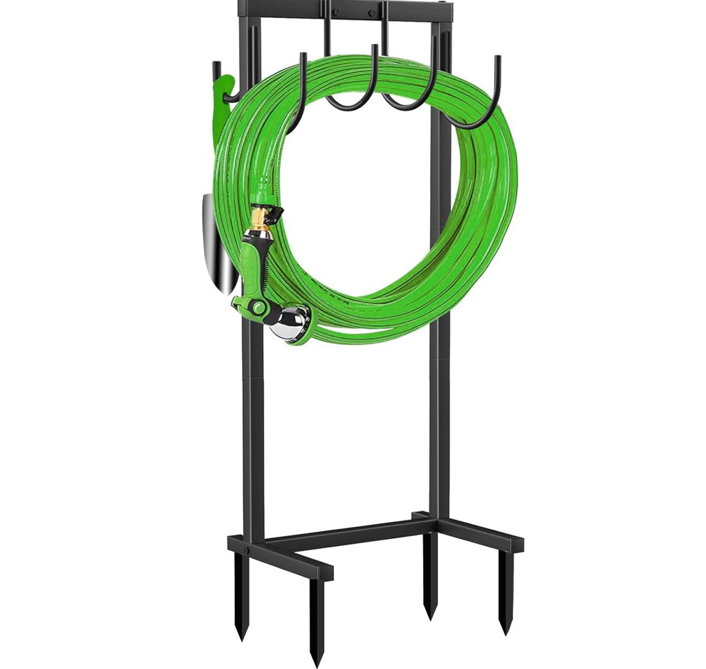 Garden Hose Holder Water Hose Holder with 4 Spikes Freestanding Garden Hose Storage Stand Sturdy Hose Hanger Heavy Duty 6 Hooks Hose Organizer for Outside, Black
