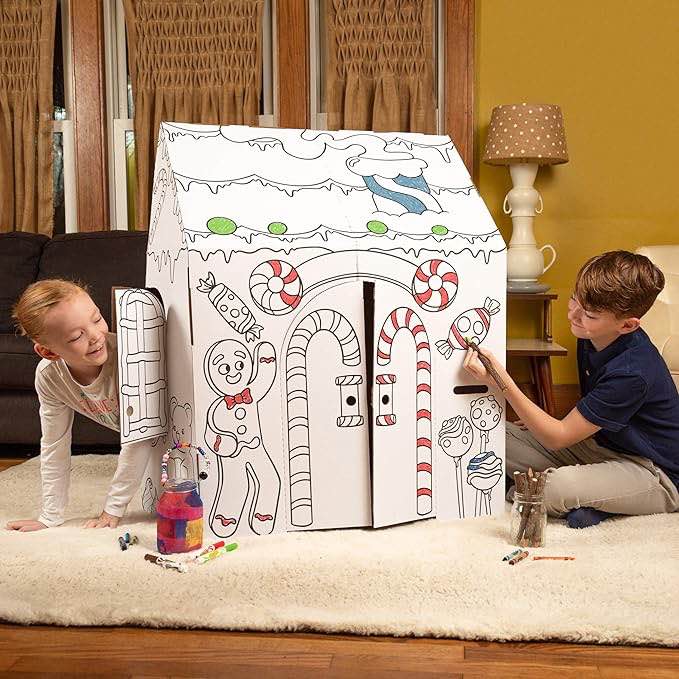 Easy Playhouse Gingerbread House - Kids Art & Craft for Indoor Fun, Color Favorite Holiday Sweets & Winter Friends– Decorate & Personalize a Cardboard Fort