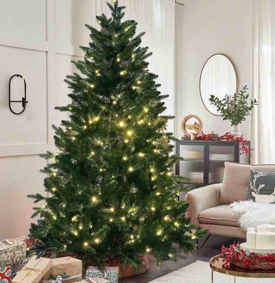 Qunler Christmas Tree, 6ft Hinged Pre-Lit Christmas Tree with 980 PE & PVC Tips, 300 Warm White & Multicolor 10 Modes LED Lights, Artificial Pine Tree for Xmas Holiday Decor