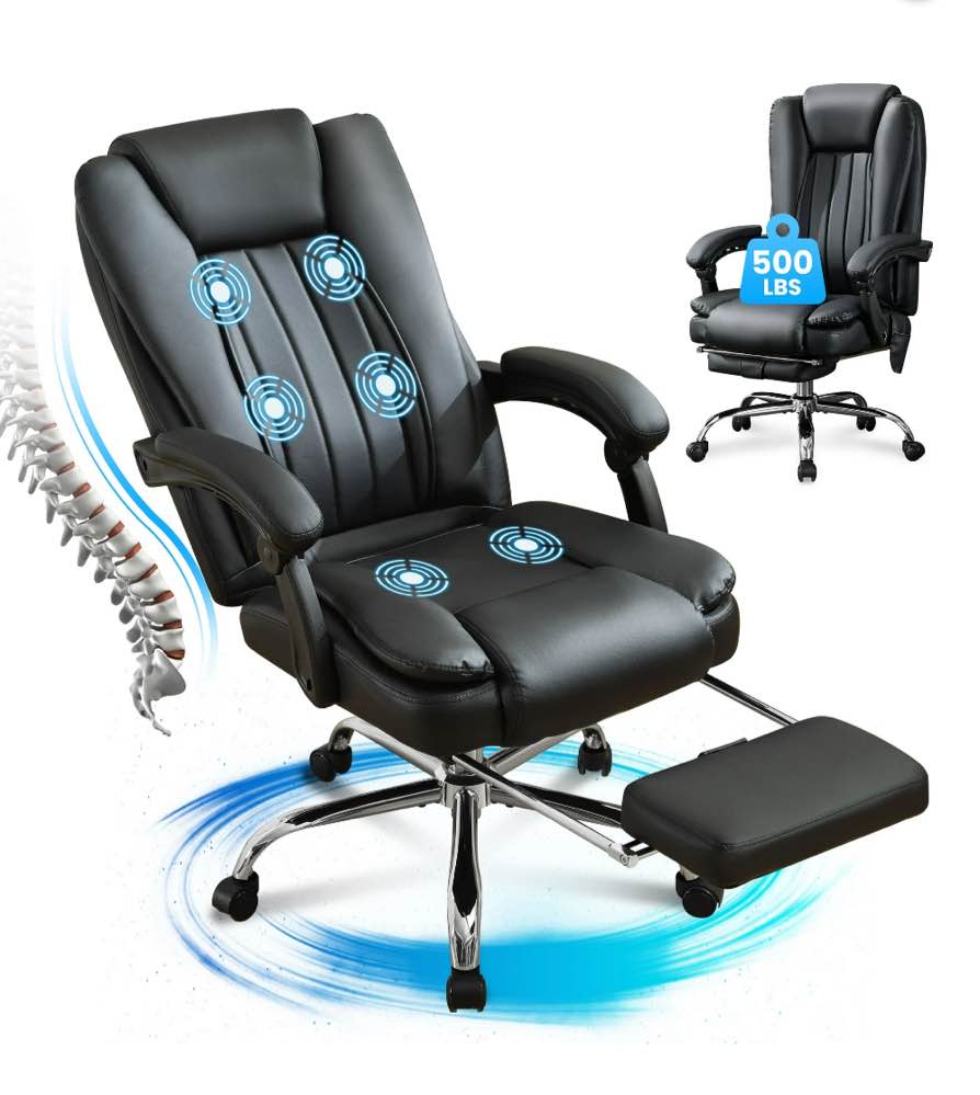 JONPONY Big and Tall Office Chair 500LBS Executive Office Chair Massage and Footrest Ergonomic Computer Desk Chair Reclining High Back Leather Office Chair Lumbar Back Support Swivel Rolling,Black