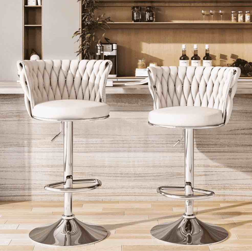 Baxluxe Velvet Bar Stools Set of 2, Swivel Counter Height Bar Chairs with Footrest, Metal Base Adjustable Pub Stools Island Chairs, High Stools Chairs for Kitchen Island, Pub, Restaurant, Beige