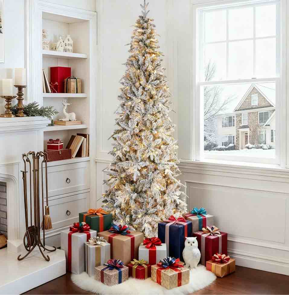 Qunler 7ft Pre-Lit Snow Flocked Artificial PE+PVC Christmas Tree with 350 Warm White 8 Modes LED Lights, Green