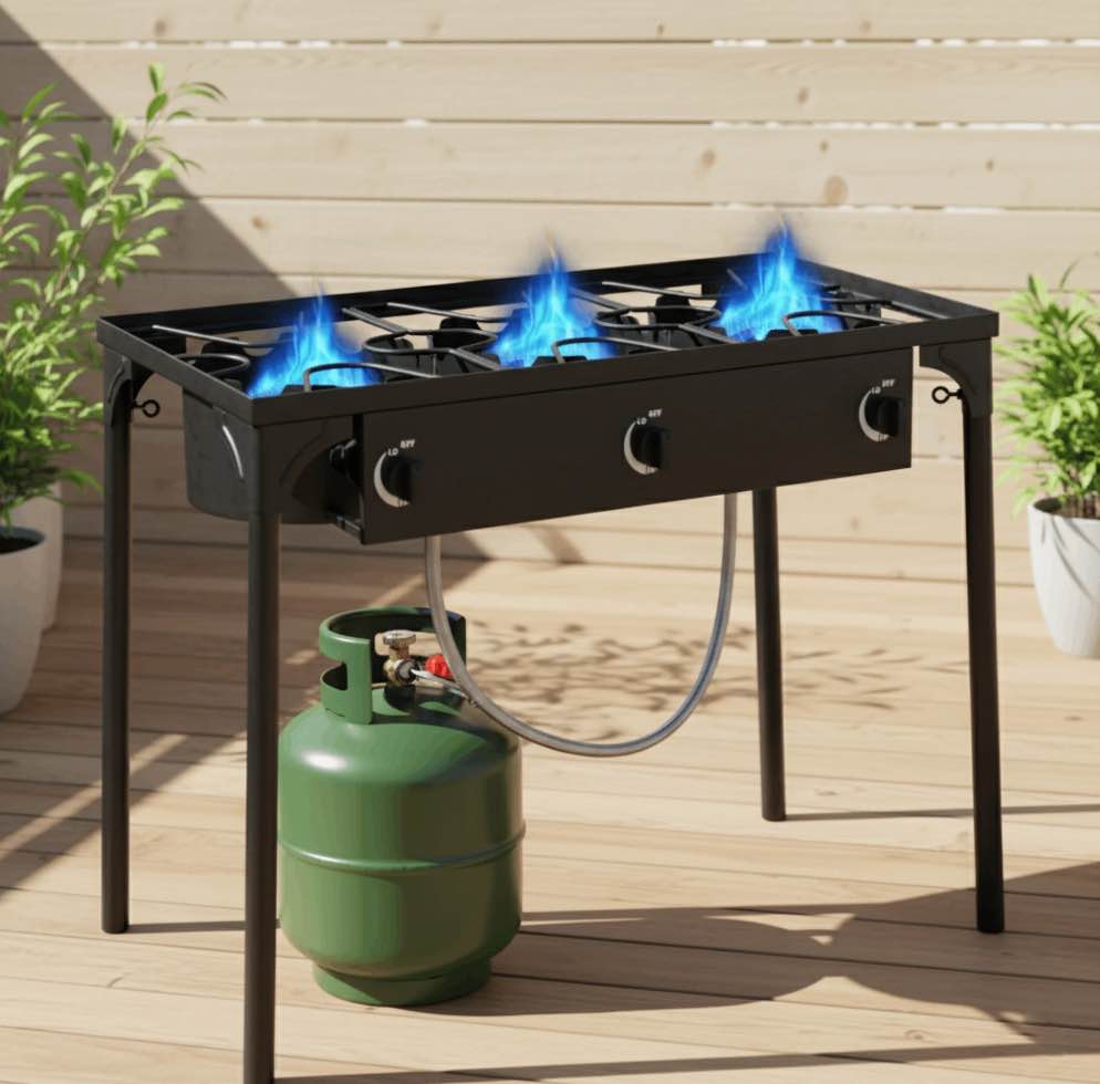 GVDV 3-Burner Propane Camping Stove, Gas Stove for Outdoor Cooking BBQ, 225,000 -BTU, 20 PSI Regulator, High Pressure, Heavy Duty, Black