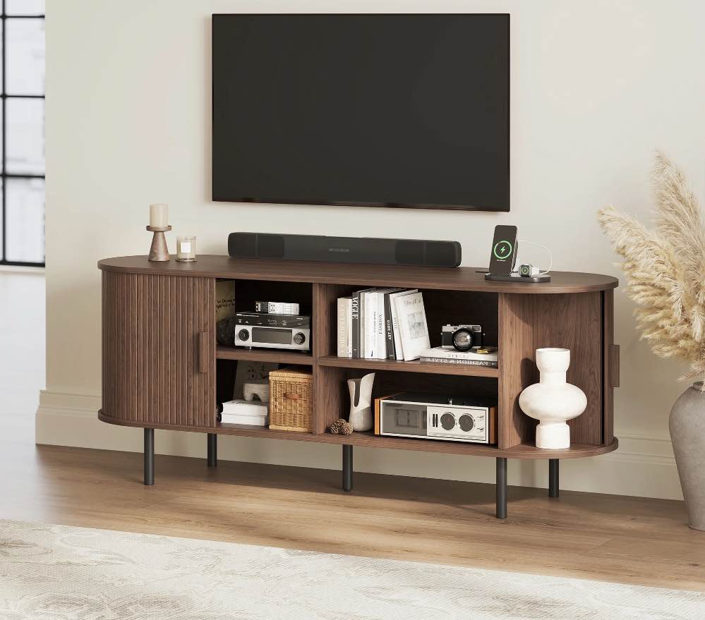 MARNUR 55" TV Stand for 60" TV, Wood Entertainment Center with Storage and Shelves, 2 Sliding Tambour Doors, Mid-Century Modern