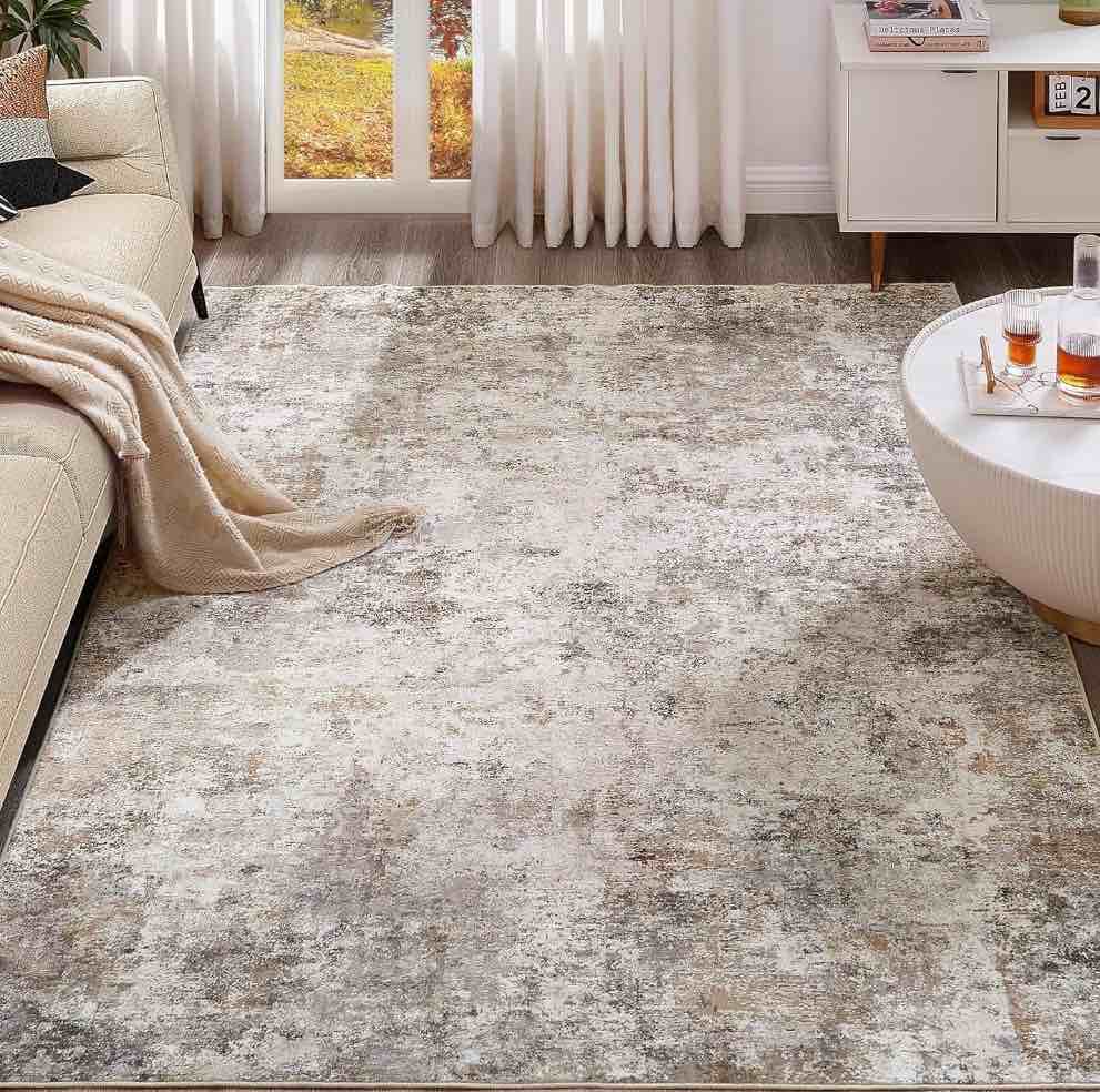 Toyoso 9x12 Area Rug Living Room Rugs - Washable Neutral Modern Abstract Soft Thin Large Rug Indoor Floor No Slip Rug Carpet for Bedroom Under Dining Table Home Office Decor - Brown Grey