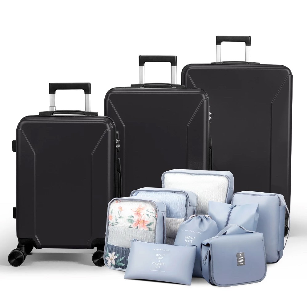 Zimtown 3-Piece Luggage Set with 8 Packing Cubes, Hard Shell Suitcases with Spinner Wheels TSA Lock, Black