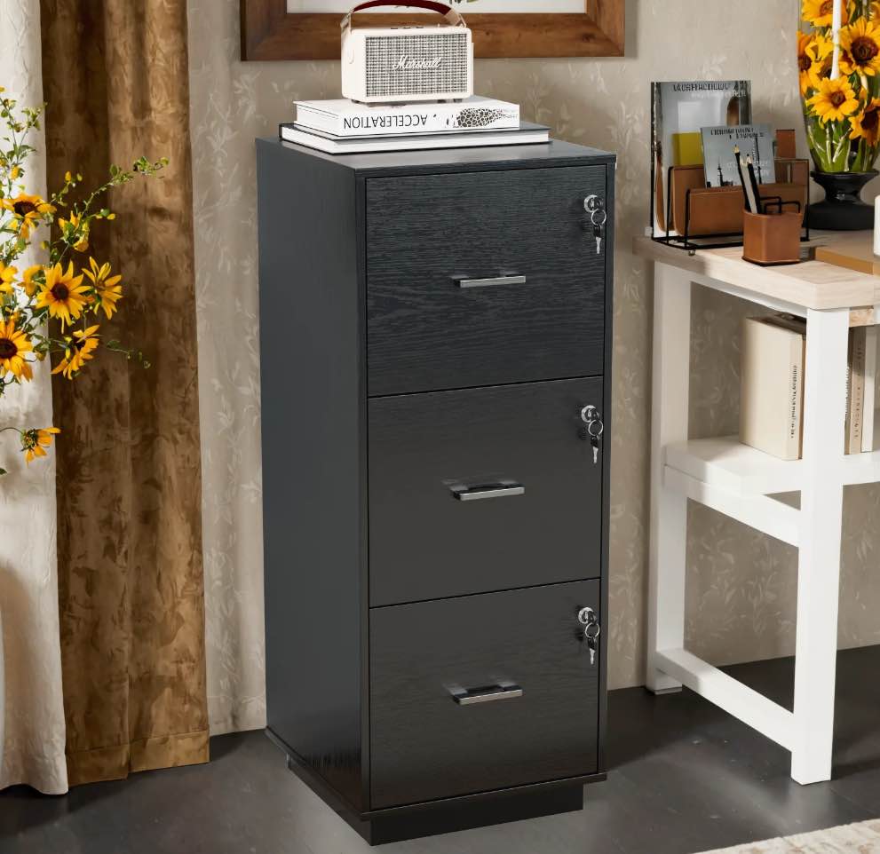 Ktaxon Wood 3-Drawer Lateral File Cabinet with Lock for Home Office, Lockable Filing Cabinet, Easy to Assemble, Black