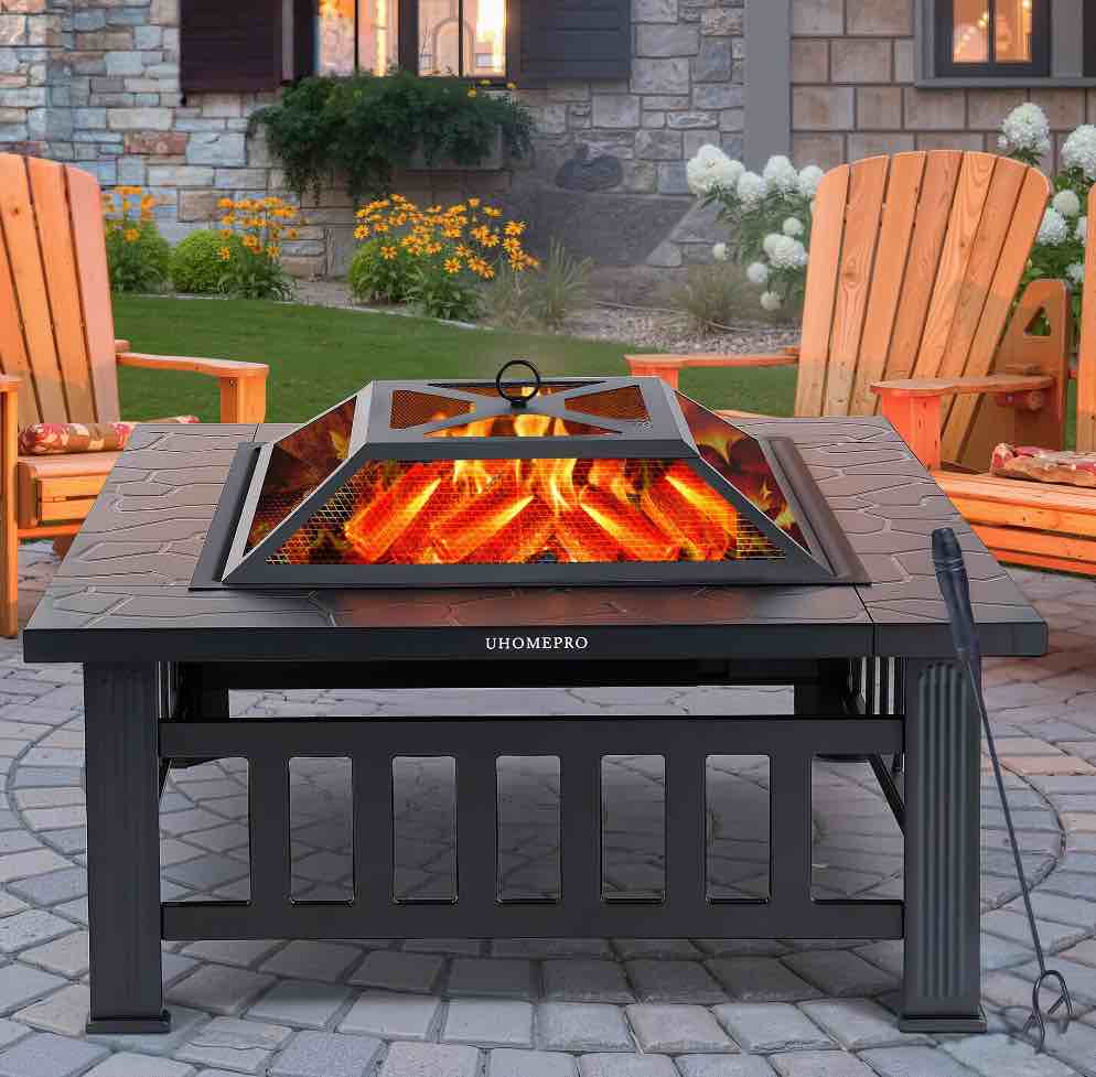 Fire Pits for Outside, 32" Wood Burning Fire Pit Tables with Screen Lid, Poker, BBQ Net, Ice Tray, Food Clip and Cover, Backyard Patio Garden Outdoor Fire Pit/Ice Pit/BBQ Fire Pit, Black