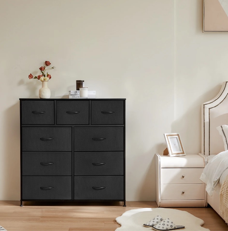 CONCETTA 9-Drawer Fabric Dresser, TV Cabinet Sideboard, Storage Organizer Cabinet for Living Room, Bedroom, Office, Black