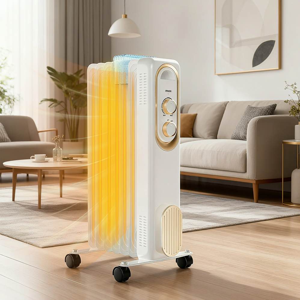 edx Basic Electric Oil Filled Radiator, 1500W Space Heater with Adjustable Thermostat, White, 22.83 x 11.81 x 4.92 in