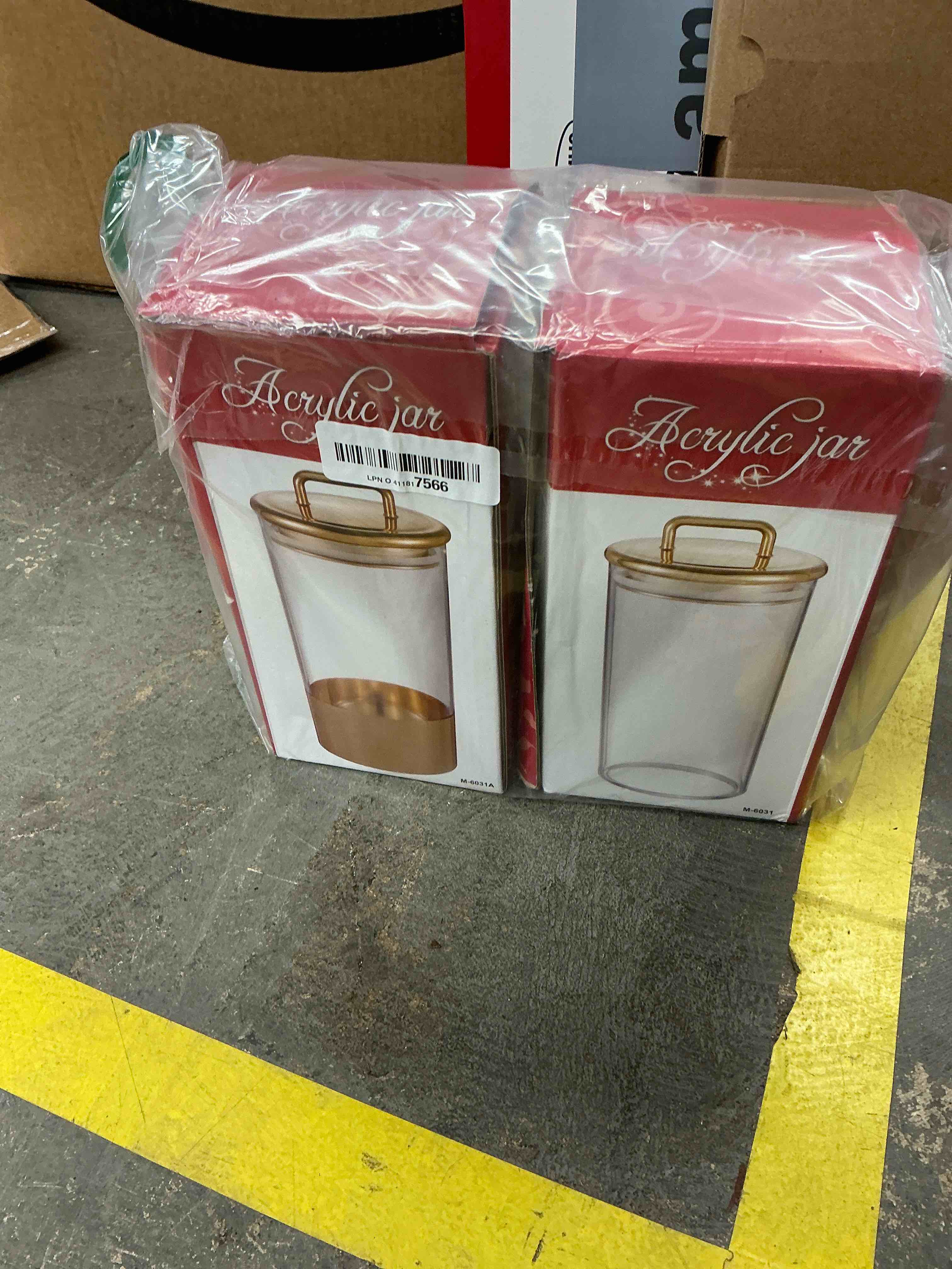 Condition photo showing Good Condition for 2 Pack 32 oz Large Acrylic Storage Apothecary Jar with Gold Airtight Lid | Bathroom Vanity Organizer Containers | Ideal Decorative Canisters for Shells, Bath Salt, Grains, Cotton Ball, Flossers 32 oz (2 pack)