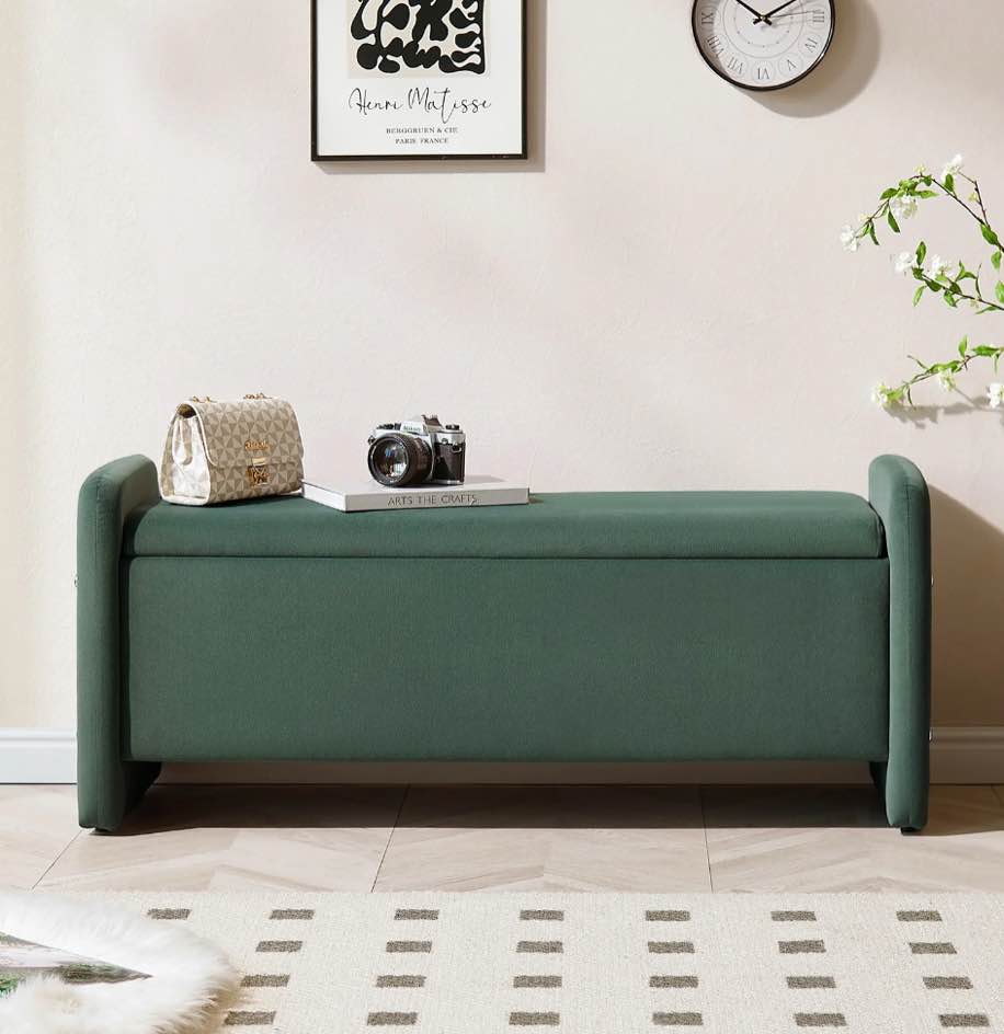 Pinmoco 44" Storage Ottoman Bench, Upholstered Entryway Bench with Storage End of Bed Bench for Bedroom& Living Room, Olive Velvet