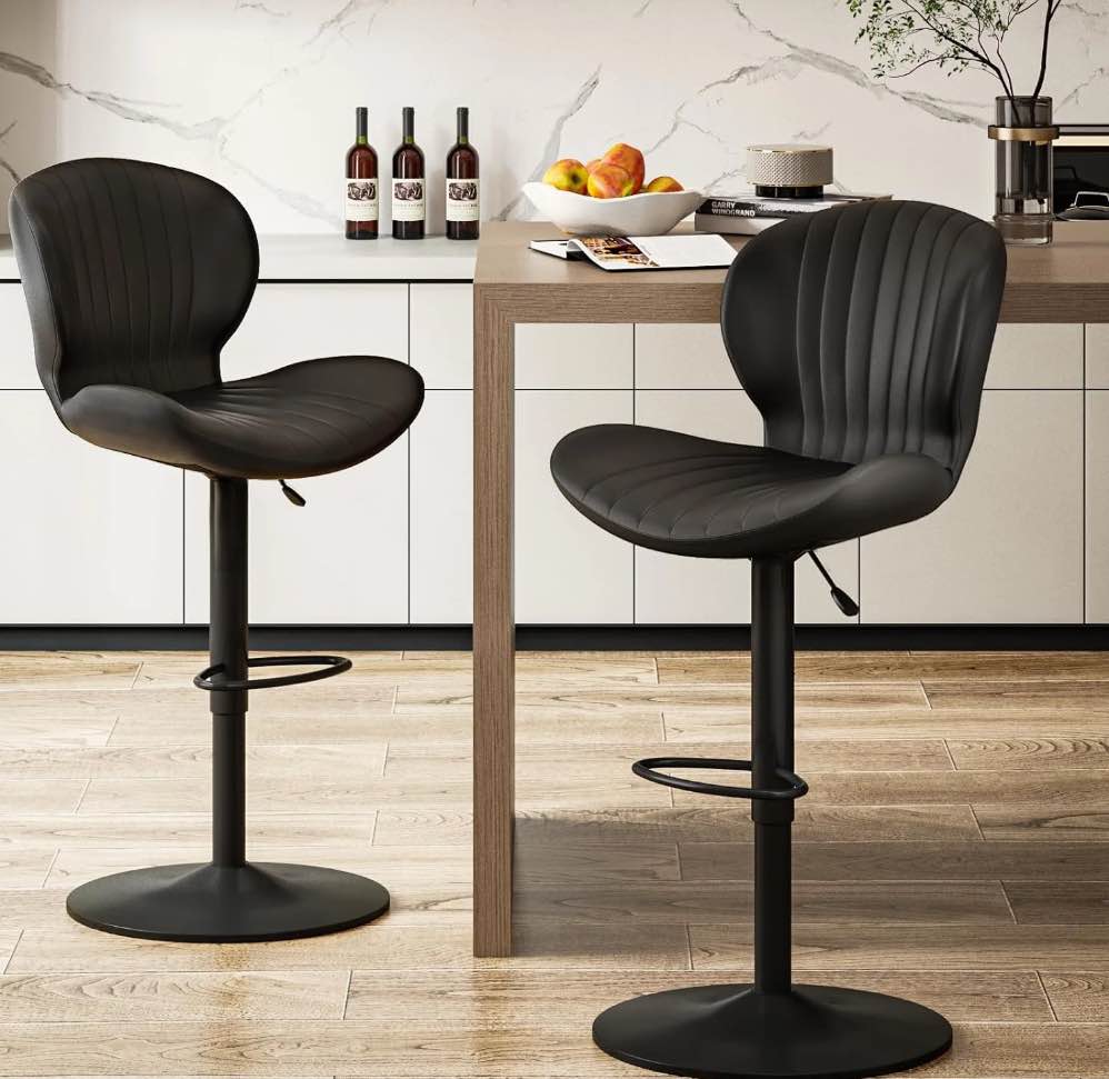 Waleaf Modern Adjustable Bar Stools Set of 2, Faux Leather Upholstered Swivel Counter Stools, Counter Height Bar Stools with Large Base