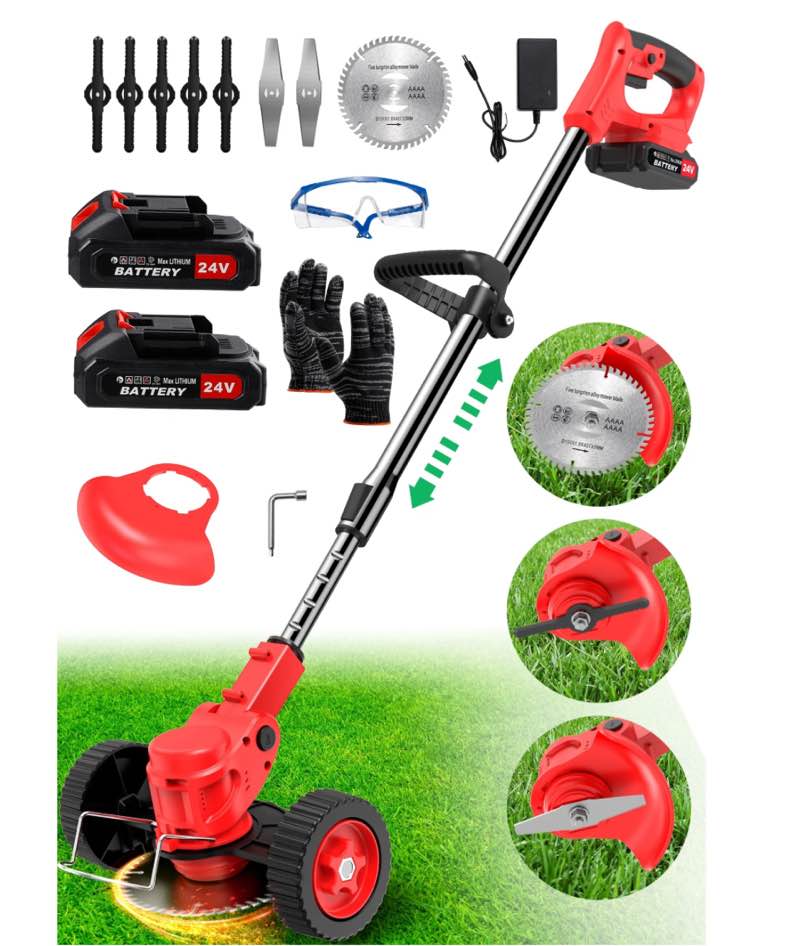 TNTANTS Electric Weed Wacker, Cordless String Trimmer with Wheels, 2Pcs 24V Batteries, 3 Types of Blades, Adjustable Length, Weed Eater Grass Trimmer/Edger/Brush Cutter for Lawn Yard Garden (Red)