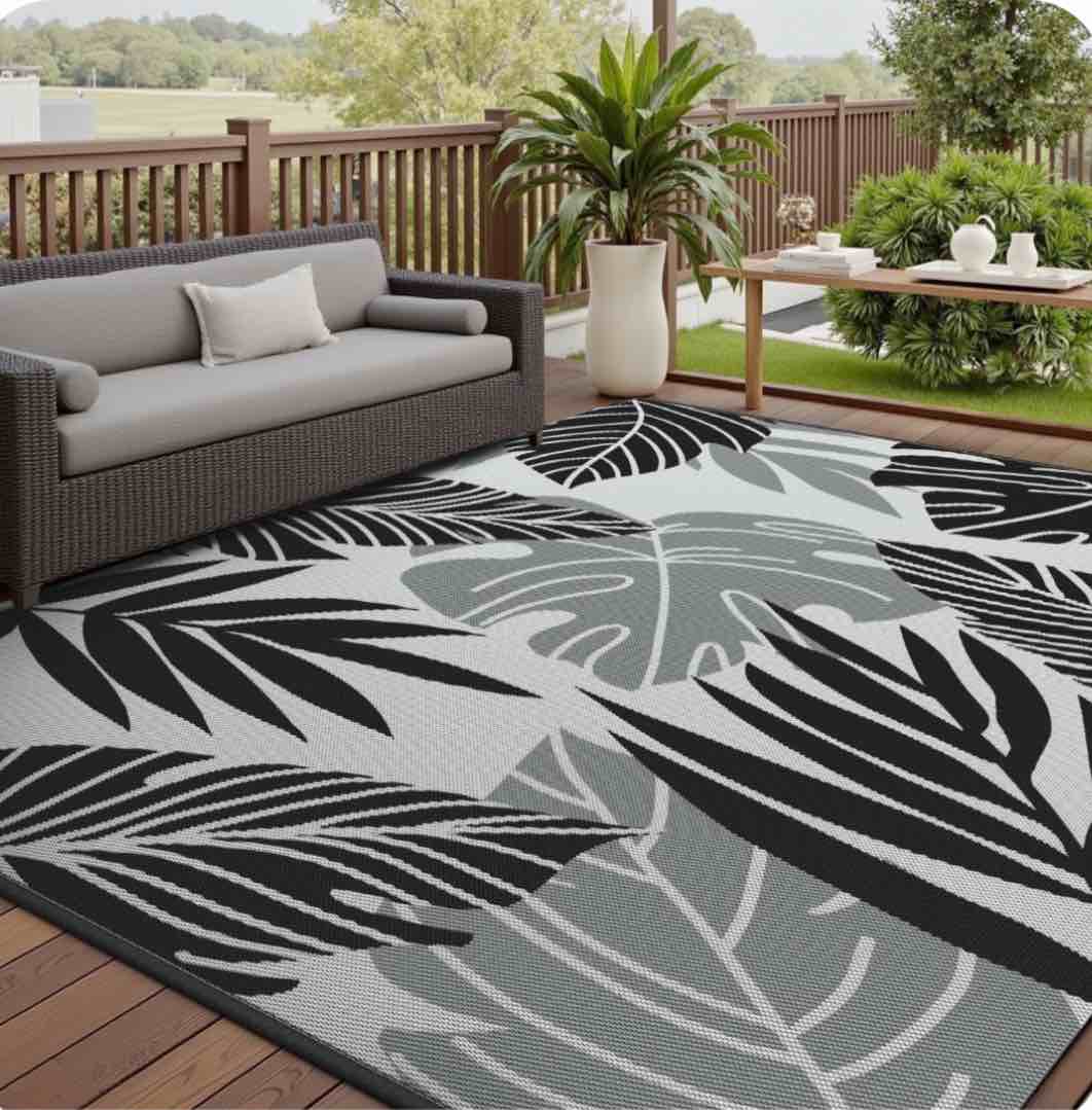 VUNATE Outdoor Rug Carpet 8'x10' Waterproof Reversible Patio Rug Portable Indoor Outdoor Rug Plastic Straw Rug for Beach RV Camping Garden Picnic Deck Backyard Porch Decor Gray and Black