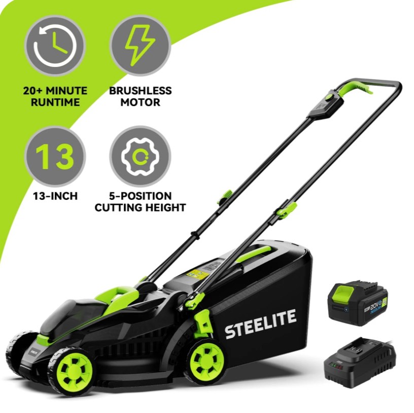 Steelite 13-Inch Cordless Lawn Mower, 21V Electric Lawn Mowers with Brushless Motor for Garden,5 Heights Adjustment, 4.0Ah Battery & Charger Included