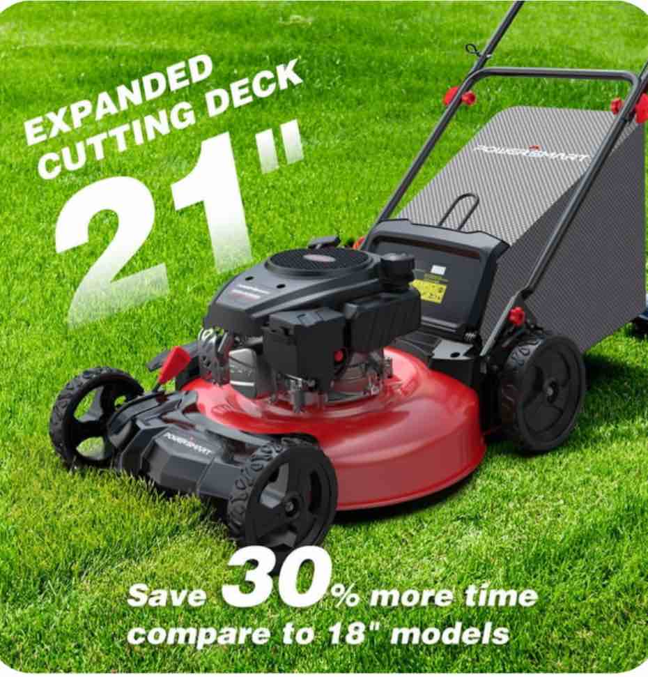 PowerSmart 21" 144cc Gas Push Lawn Mower , with 6-Position Height Adjustment, 3-in-1 Cutting
