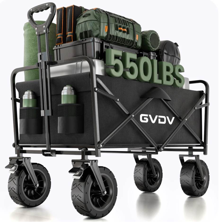 GVDV Collapsible Folding Wagon, 550LBS Large Heavy Duty Utility Cart with All-Terrain Wheels and Adjustable Handles for Shopping, Camping, Sports, Outdoor, Beach, Black