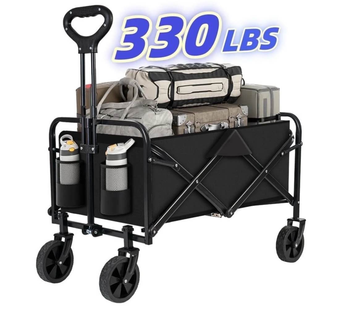 Collapsible Foldable Wagon Cart Portable Folding Utility Grocery Shopping Cart with Wheels, 27 inches in Height, Black
