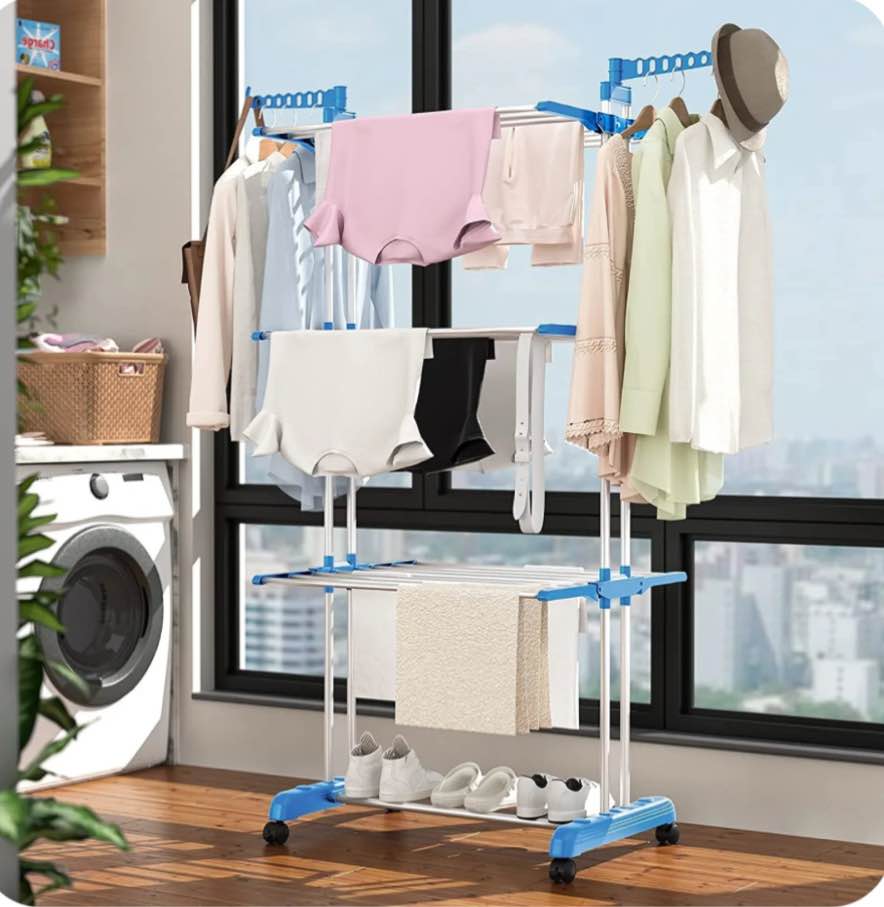 Clothes Drying Rack, 4-Tier Foldable Drying Rack for Clothes, Portable Laundry Rack with Wheels Indoor Outdoor Freestanding, Blue