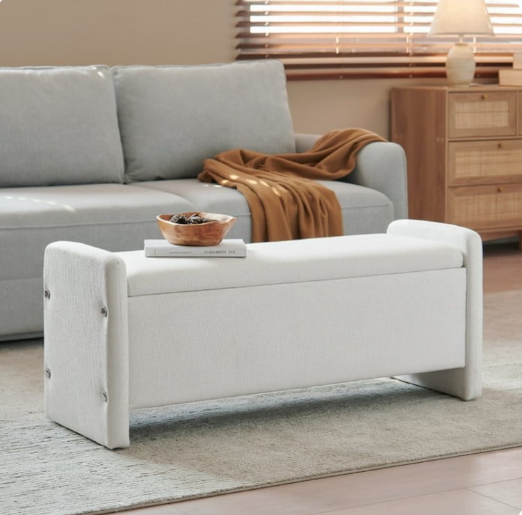 Pinmoco 44" Storage Ottoman Bench, Upholstered Entryway Bench with Storage End of Bed Bench for Bedroom& Living Room, Linen White