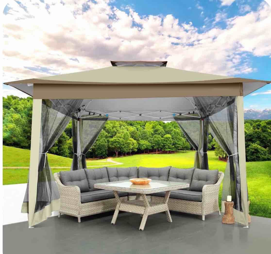 COBIZI 12x12 Outdoor Gazebo Pop Up Gazebo Canopy with Mosquito Netting Patio Tent Backyard Canopy with 2-Tiered Vented Top 3 Adjustable Height, Beige