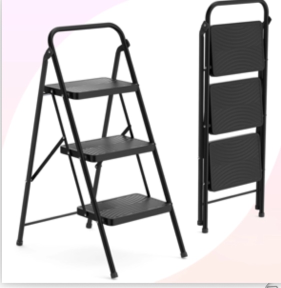Jocauto 3 Step Ladder, Folding Step Stool for Adults with Wide Anti-Slip Pedal, Sturdy Portable 3 Step Stool, Lightweight, Black