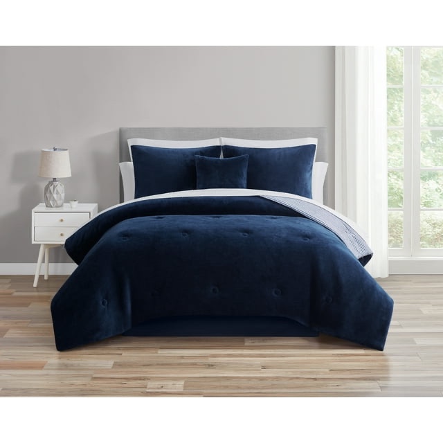 Mainstays 11 Piece Bed in a Bag Comforter Set with Sheets, Navy Microplush, Queen, Unisex