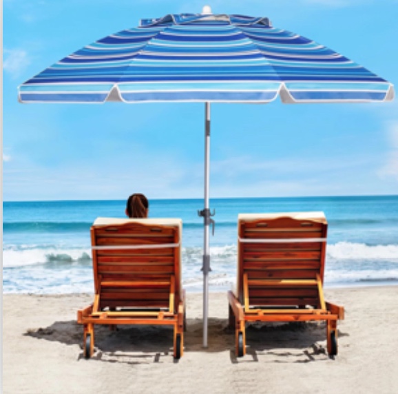 7 FT Beach Umbrellas for Sand, Sun Beach Umbrella with Carry Bag, UV 50+, UPF 100+, Enlarged Sand Anchor, Stripe Blue and White