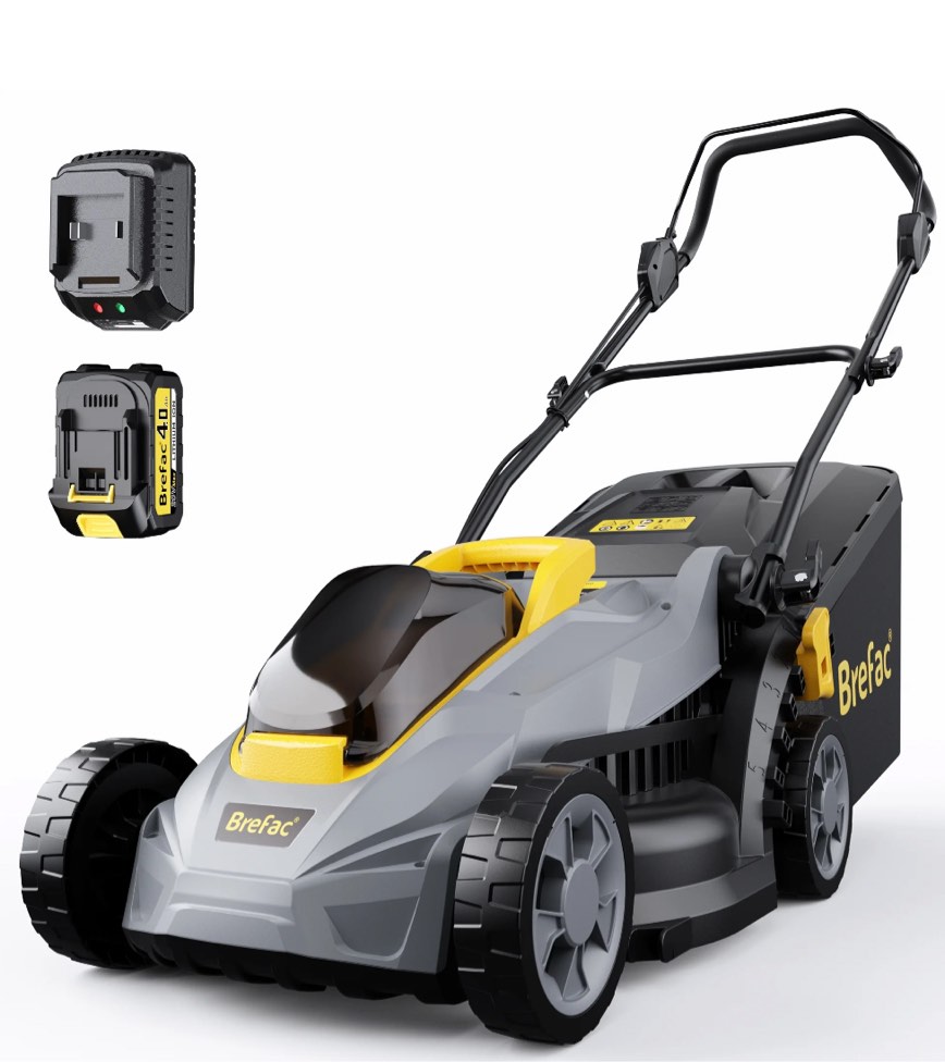 Brefac 20V 13'' Cordless Lawn Mower, Multi-Functional Grass Cutter with 4.0Ah Battery, 5 Adjustable Height Settings, Durable Manganese Steel Blades, Easy to Use for Small Lawn